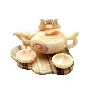 Vintage Onyx Agate Jade Mini Teapot Set Carved Stone Tray 2 Cups Decorative